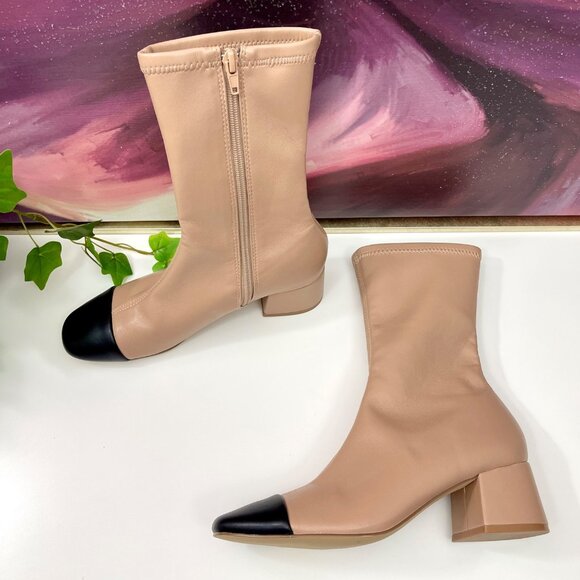 Steve Madden Beige Ankle Boots With Black Cap Toe & Side Zip Size 7.5 - Picture 7 of 8